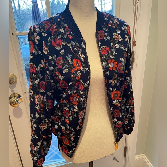 Love Tree Navy Floral Bomber Jacket Small Gold Zipper - Picture 1 of 11